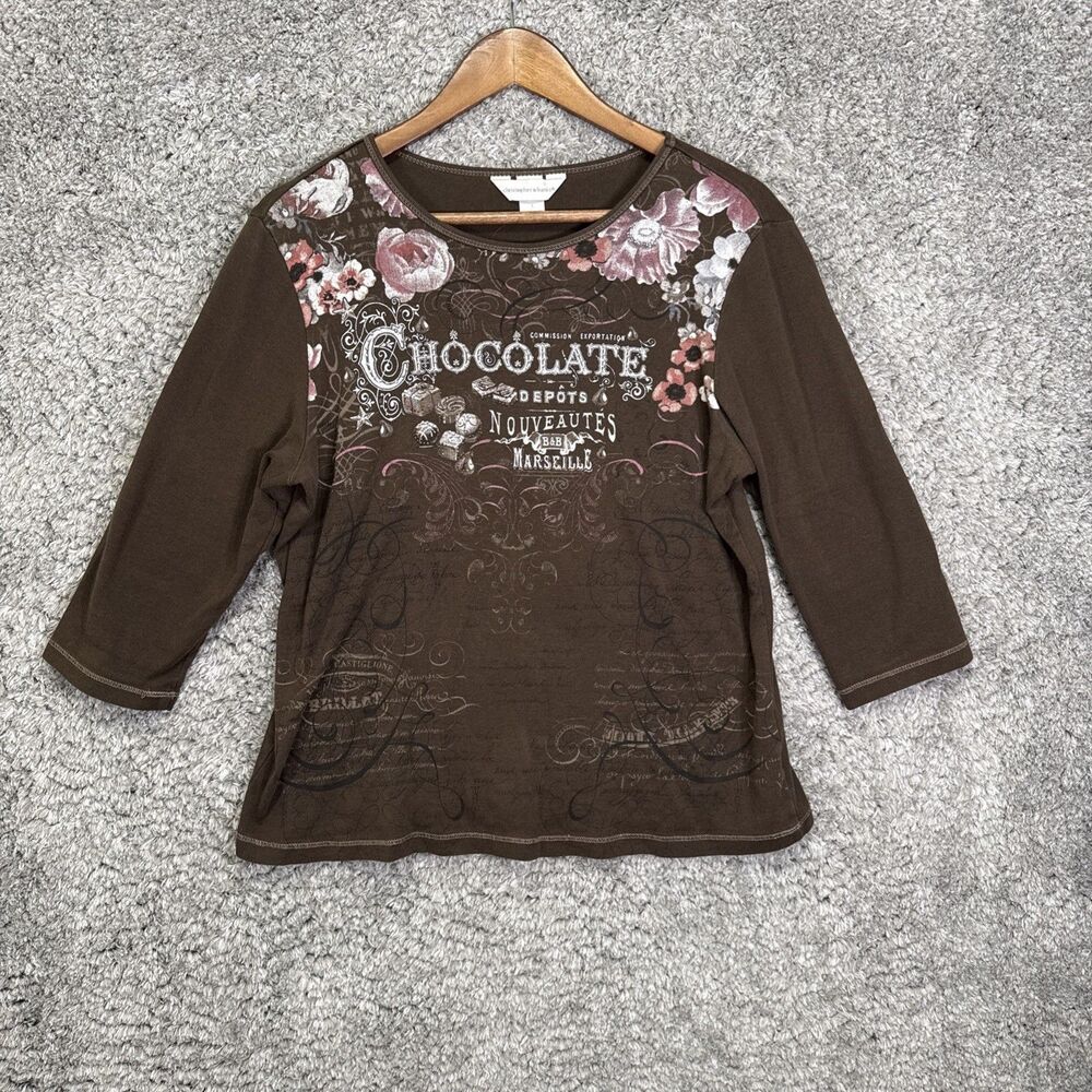 Vintage Y2K Top Chocolate Brown 3/4 Sleeve Size Large Embellished 100% Cotton